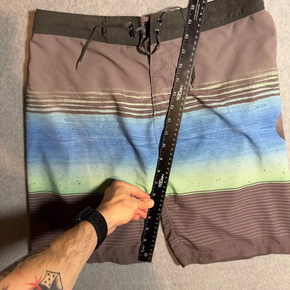 Mens Hurley Board Shorts Size 30 Gray Blue Green Striped Swim Trunks Surf